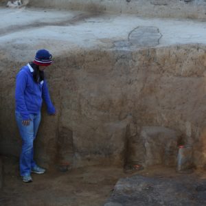 Archaeologist indicating features in an excavation unit wall