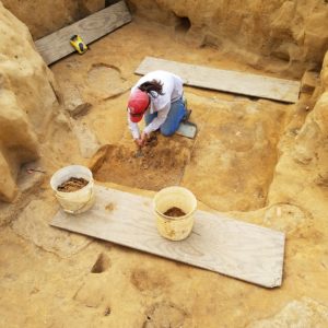 Archaeologist troweling in an excavation unit