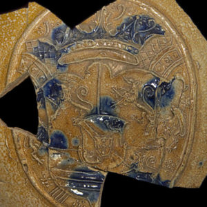 Close-up of Bartmann jug with cobalt blue decoration