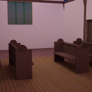 Modeled church interior with pews