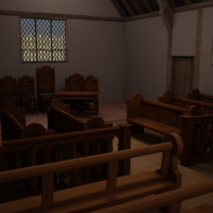 Modeled church interior with detailed furnishings and textures