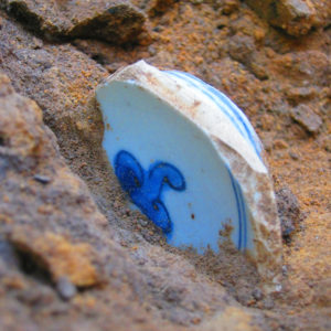 Half-buried porcelain sherd painted with a floral design