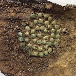 close-up of copper alloy tacks in a circular design on a wooden cover