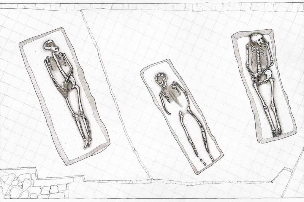 The final pen and ink drawing depicting burials JR1237, JR1847, and JR1335 in situ