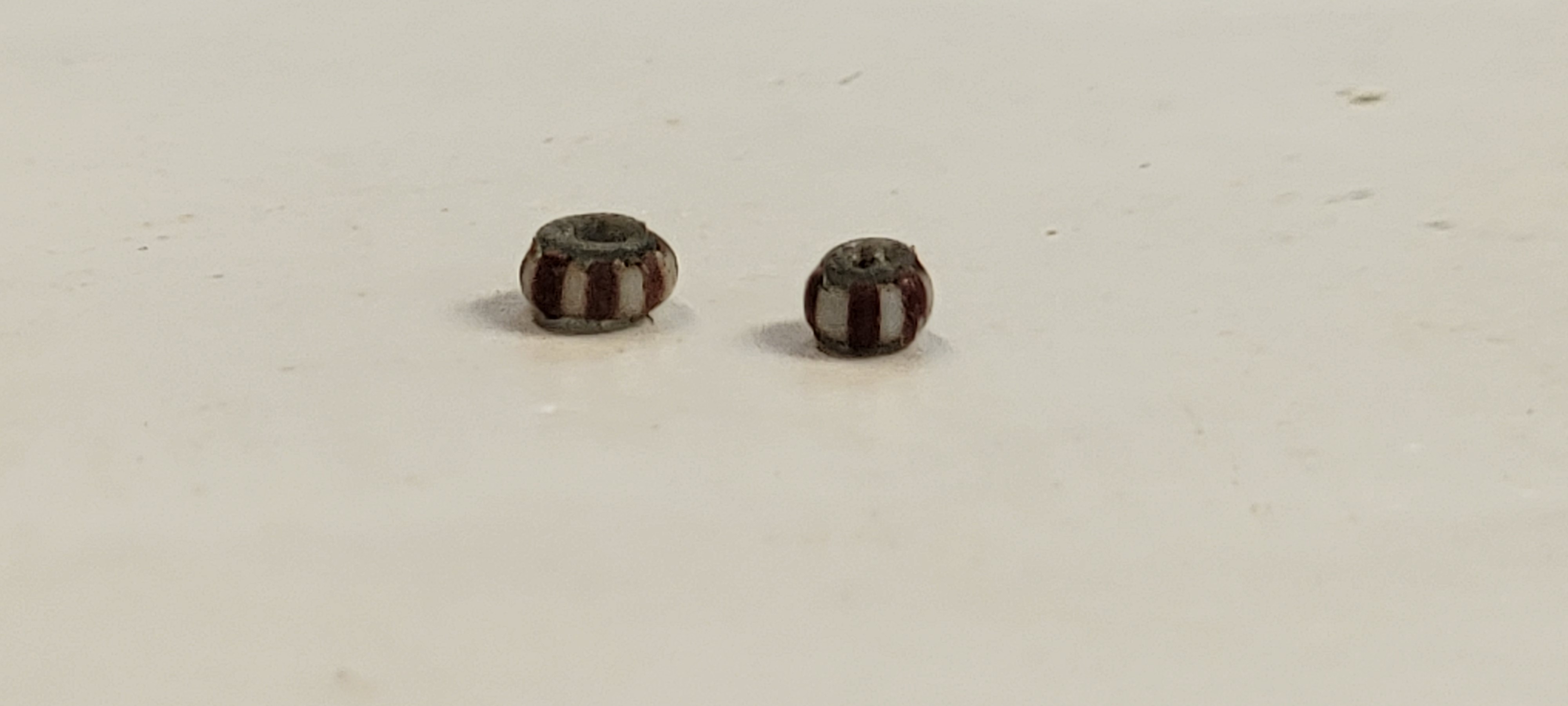 Striped beads found by Archaeological Field Technicians Hannah Barch and Josh Barber while picking through objects found in the Seawall excavations of 2021.