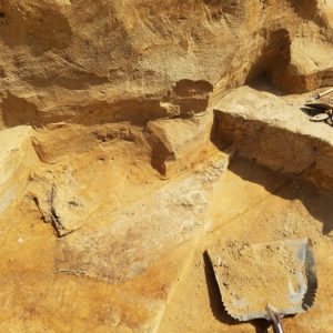 Beam soil stain, dustpan, and trowels in an excavation unit