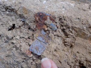 Coffin hardware found with a burial in the southern part of the chancel of Jamestown's third church.