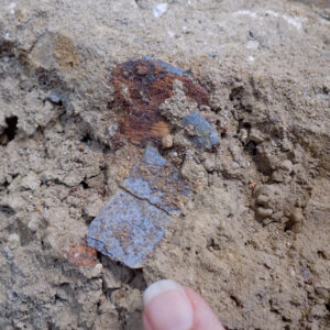 Coffin hardware found with a burial in the southern part of the chancel of Jamestown's third church.