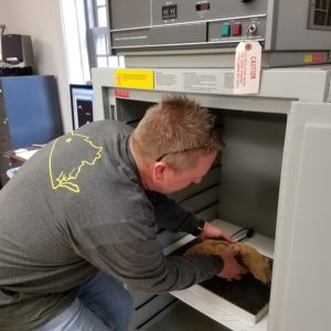 Conservator placing an iron griddle fragment into an x-ray machine