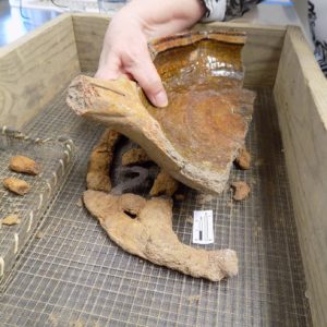 Curator holding a ceramic frying pan sherd above a screen with additional artifacts