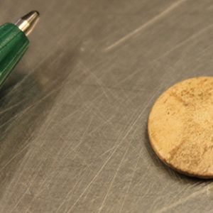 ivory button next to a pen tip for scale