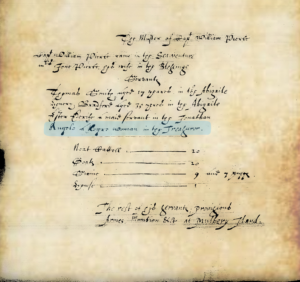 A historic document from 1625 listing the muster of the household of Captain William Pierce, which included "Angelo, a Negro woman in the Treasurer."