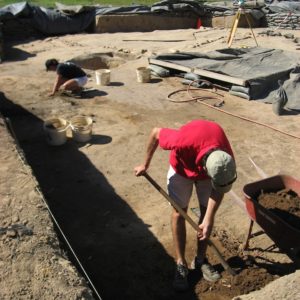 Archaeologist shoveling dirt from an excavation unit into a wheelbarrow