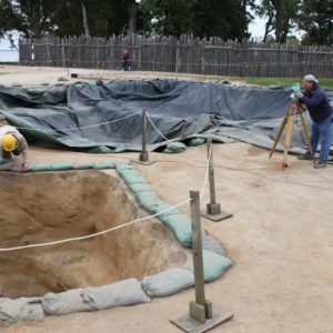 Archaeologists measuring features using a transit