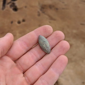 hand holding an oval-shaped pin