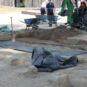 Excavation unit with various exposed and tarp-covered features with a backhoe, wheelbarrows, and a group of excavators visible in the background