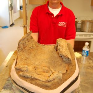 Conservator shows a corroded breastplate to the camera