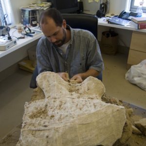 Conservator working on armor