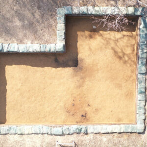 An overhead shot of the excavations near the Godspeed Cottage with scored features