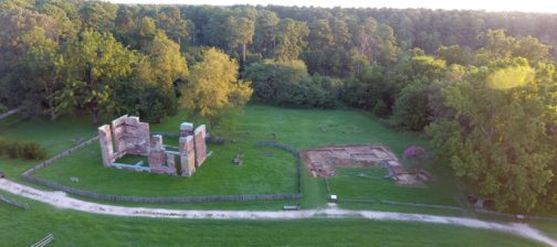 Aerial view of brick ruins and excavation units