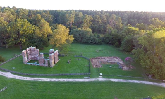 Aerial view of brick ruins and excavation units