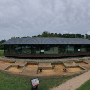 A drone panorama of the excavations south of the Archaearium. The square at the right of the photo contains the burial that will be excavated here in the coming weeks.