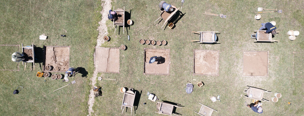 A drone shot of the first 5' x 5' excavation squares in Smithfield