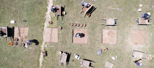 A drone shot of the first 5' x 5' excavation squares in Smithfield