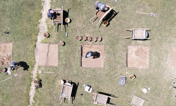 A drone shot of the first 5' x 5' excavation squares in Smithfield