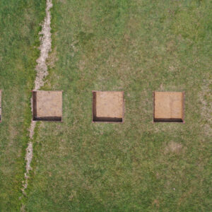 A drone shot of the first five excavation squares in the Smithfield dig