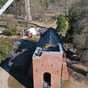 Lowering the steel roof infrastructure inside the Church Tower