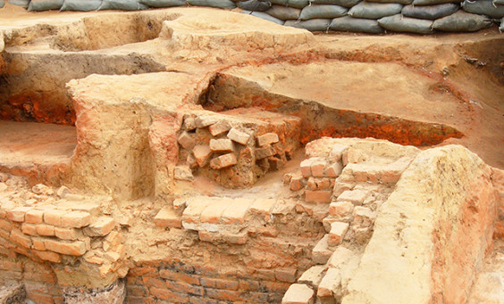 Archaeologists pointing to features in a cellar