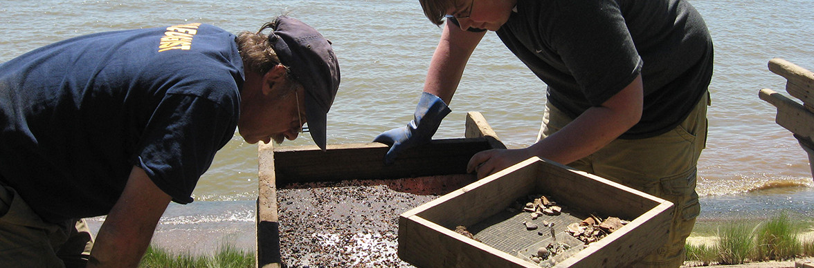 Archaeologists examine artifacts in screen