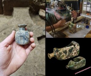 Figure 1: Recently excavated glass bottle from the Jamestown church tower (left), conservation on a bottle from Mount Vernon (upper right), and two case bottles in the Jamestown collections.