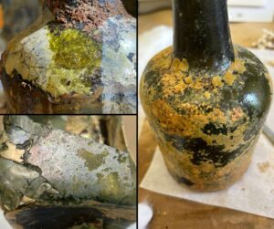 Figure 2: Top left image shows an area of high dealkalization. The cracked glass is a thick gel layer on the shoulder of the vessel. Bottom left image shows variation in the colors from iridescent to gold in the gel. The image on the right reveals separated gel layers on the shoulder of the bottle. The dark area below and to the right of the separated layers is pristine subsurface glass.