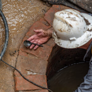 Director of Archaeology David Givens examines the copper alloy spoon found in the Governor's Well.