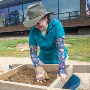 Office & Development Administrator Katie Kowicki screens through soil just south of the Archaearium during one of the staff dig days.