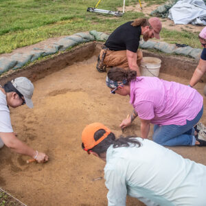 Korinne Young and Emelia Robertson, both members of the development team, and carpenter Jesse Robertson join Senior Staff Archaeologist Mary Anna Hartley and Archaeological Field Technician Hannah Barch in excavations on one of the staff dig days.