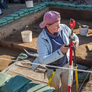 Archaeologist Caitlin Delmas surveys the north Church Tower excavations.