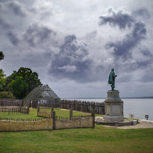 Looking east from inside James Fort. The colony's partially reconstructed first church is at left and the barracks are in the distance.