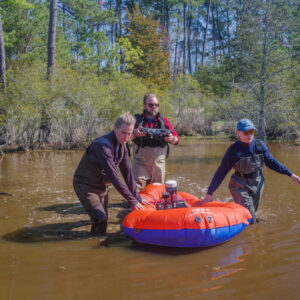 A GPR survey of a portion of the Pitch and Tar Swamp in search of archaeological features. (L-R) Staff Archaeologist Gabriel Brown, Dr. David Leslie of TerraSearch Geophysical, Staff Archaeologist Natalie Reid.