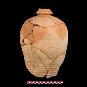 Large, oblong shaped olive jar with doughnut or collar-shaped rim with fragments found in the Factory (03560-JR)