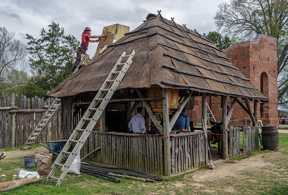 The work-in-progress Blacksmith Shop, built on nearly the same spot as it was found archaeologically.