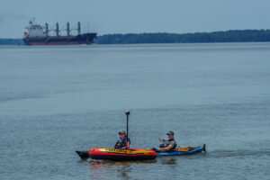 Archaeological Field Technician Eleanor Robb and Staff Archaeologist Gabriel Brown conduct a 200MHz GPR survey just offshore from Jamestown.