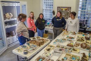 Senior Curator Leah Stricker gives a tour of the Vault to members of 2025's field school. The oversized cabinet can be seen behind Leah.