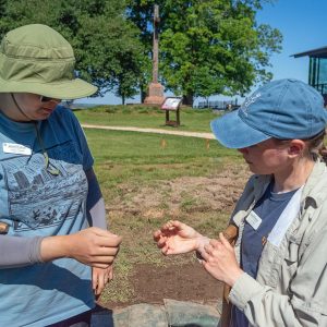 Field school student Emily Yimer and Staff Archaeologist Natalie Reid examine a partial pipe stem found in the excavations south of the Archaearium.