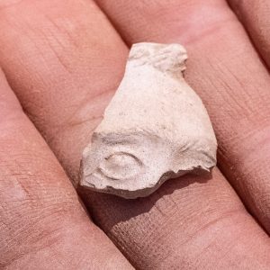A partial bowl of a Turk's Head pipe found in the excavations north of the Dale House. One of the eyes of the anthropomorphic bowl is visible.