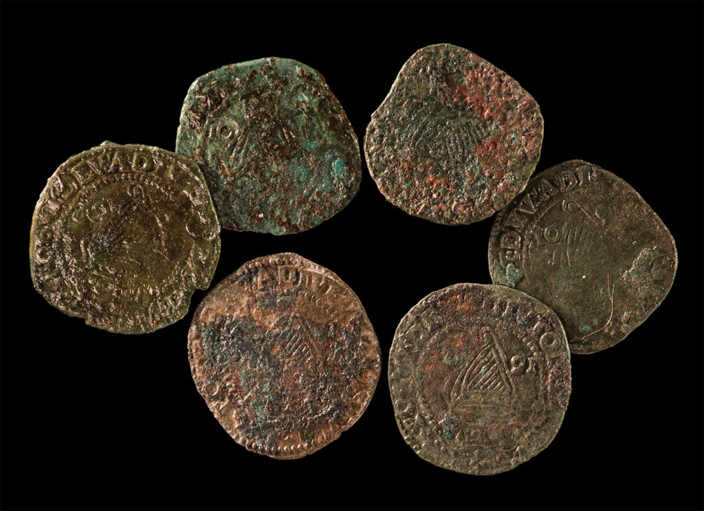 assortment of copper alloy coins arranged in an oval