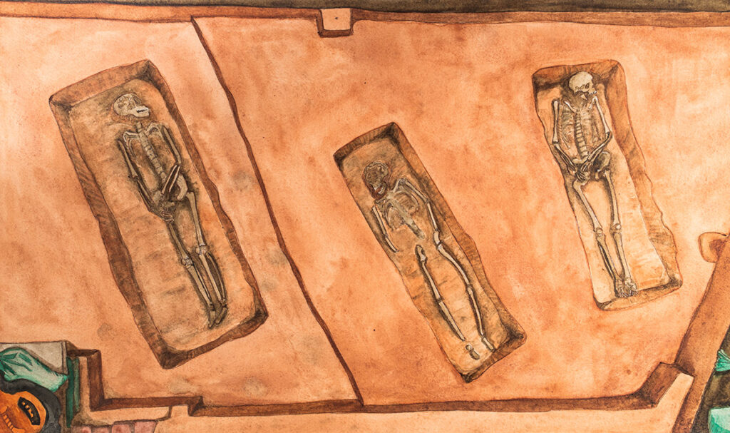 The final watercolor illustration depicting burials JR1237, JR1847, and JR1335 in situ