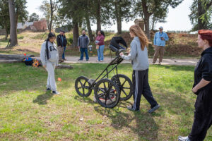 Surry County High School students conduct a ground-penetrating radar (GPR) survey in the area of the Bedford Artillery barracks.